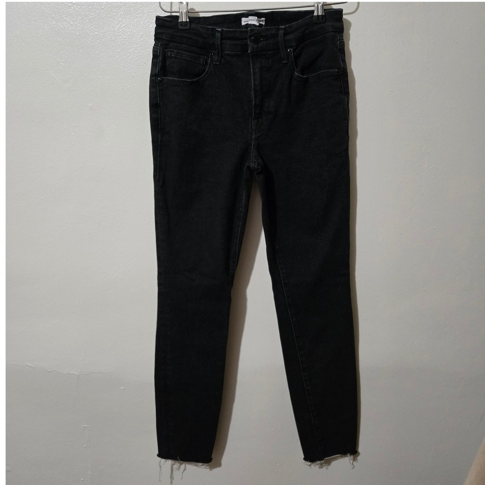 Good American Black High Waisted Skinny Jeans Raw Hem Size 4 27